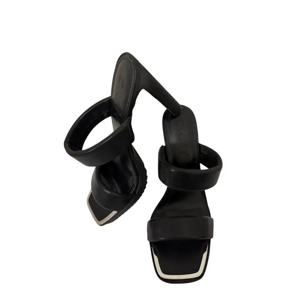 DKNY Ralia Leather Double Padded Strap Black Heels Square Toe| 9.5